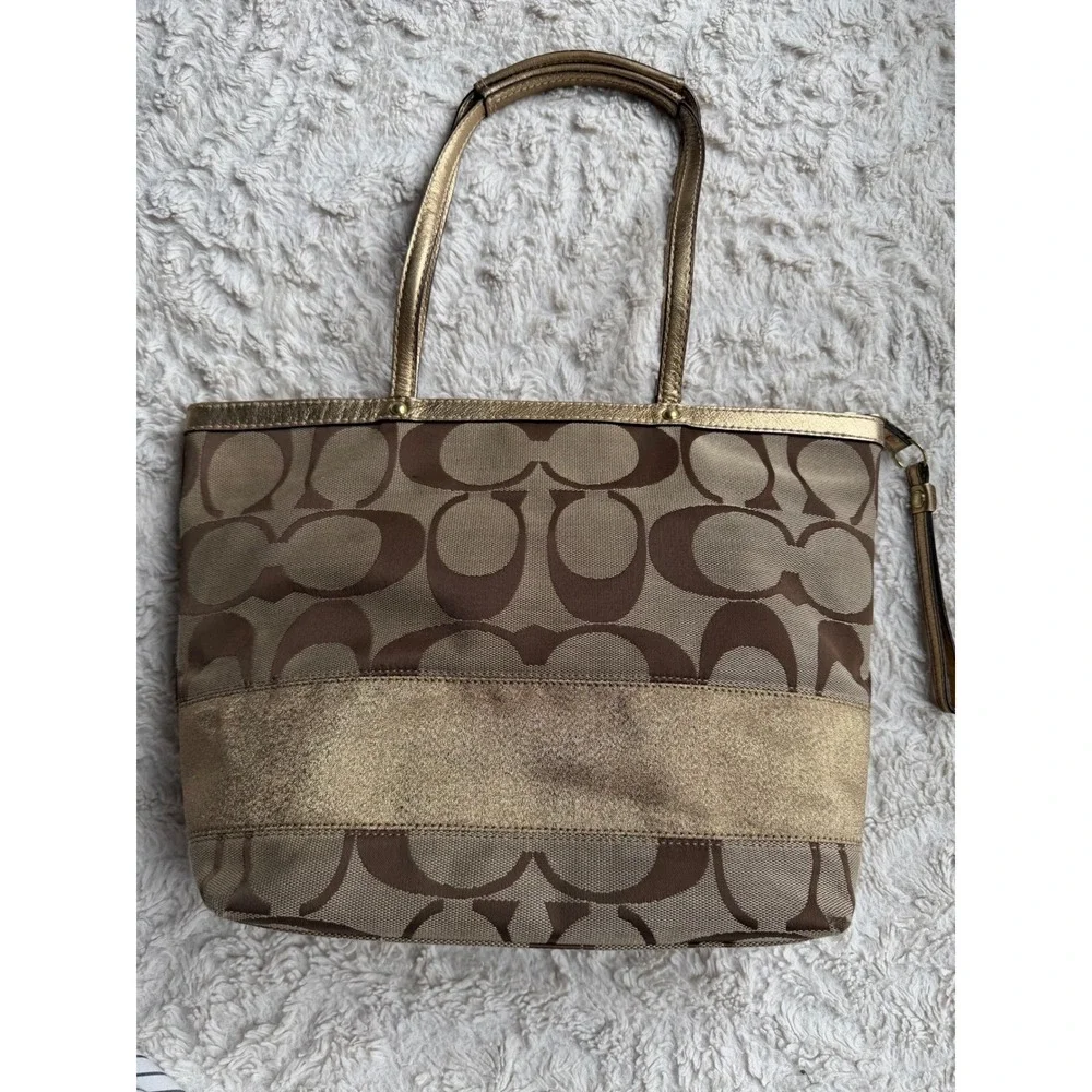 Coach Signature Stripe Tote Khaki Brown Metallic Gold Leather F15112 Medium Bag